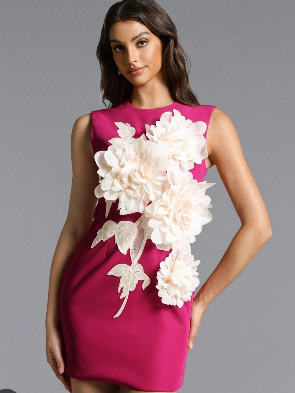 BELLA BARNETT -Sleeveless Fuchsia Shift Dress with Cream Floral Applique